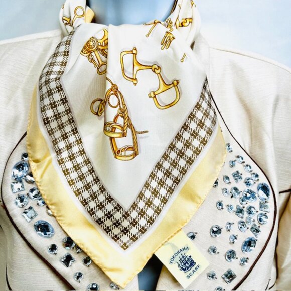 Yokohama Accessories - Vintage Yokohama mini scarf 100% silk satin , 20"x20", color beige ivery (10)